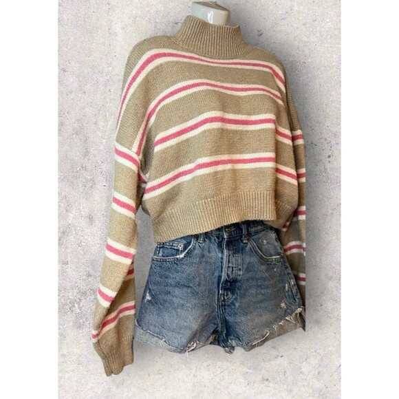 Forever 21 Women’s Size Large Mock Neck Pullover Cropped Boyfriend Sweater Tan - Picture 4 of 7